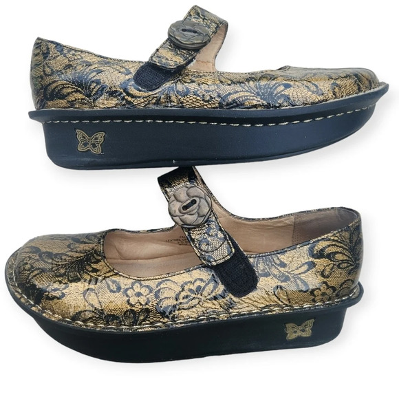 Alegria Leather Slip-On Mary Janes - Faye Black Gold Lace Size 37 - 7 - Picture 3 of 7